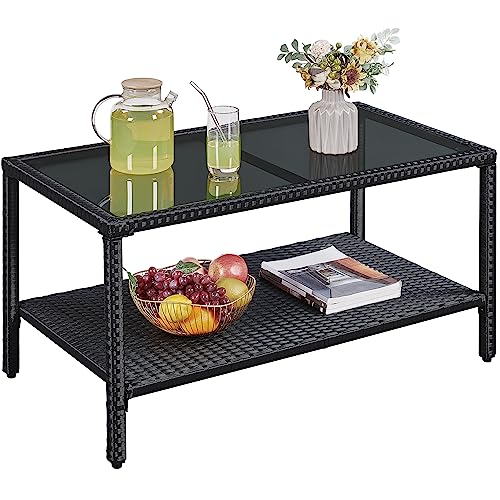 Yaheetech Outdoor Wicker Coffee Side Table, All-Weather Rattan Patio Storage Furniture with Tempered Glass Top for Garden