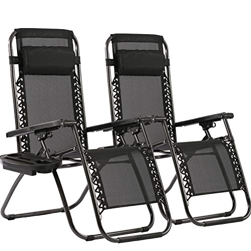 FDW Zero Gravity Lawn Lounge Chairs Set of 2 with Pillow and Cup Holder - Adjustable Reclining Folding Outdoor Chairs for Dec