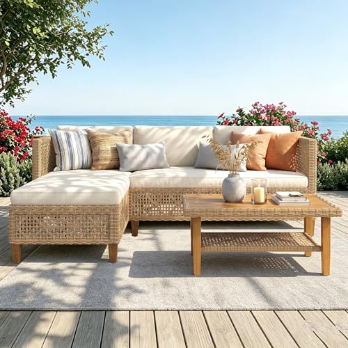 PHI VILLA Sectional Outdoor Couch, Small Patio Furniture Set with Cushions and Acacia Wood Coffee Table