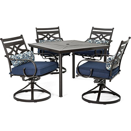 Hanover Montclair 5-Piece Outdoor Dining Set with Stamped Steel Square Dining Table and 4 Swivel Rocker Chairs with Cushions