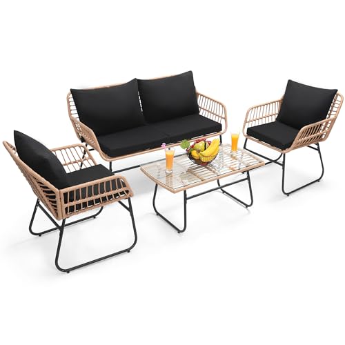 Kromax 4 Piece Patio Bistro Outdoor Furniture Set, Wicker Sofa, 2 Rattan Chairs, and Table, Backyard Conversation Set