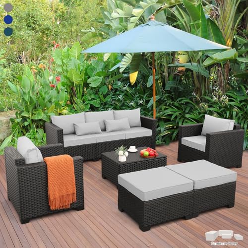 Rattaner Patio Wicker Furniture Set 6 Pieces Outdoor HDPE Wicker Conversation Couch Sectional Chair Sofa Set with Grey Cushio