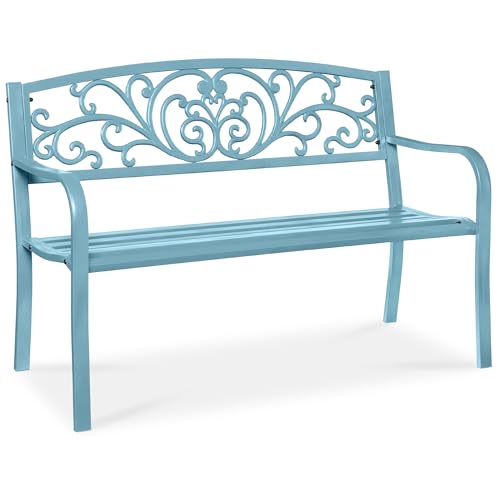 Best Choice Products Outdoor Bench Steel Garden Patio Porch Furniture for Lawn, Park, Deck w/Floral Design Backrest