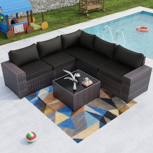 Kullavik Outdoor Patio Furniture Set 6 Pieces Sectional Rattan Sofa Set Brown PE Rattan Wicker Patio Conversation Set with 5