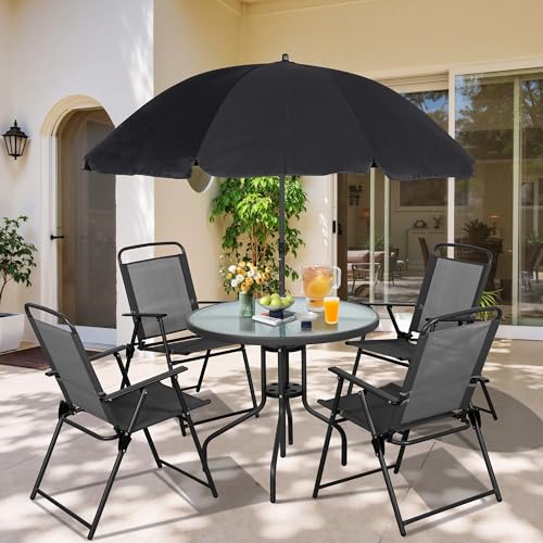Vongrasig 6 Piece Folding Patio Dining Set, Small Metal Outdoor Garden Patio Table and Chair Set w/Umbrella for Lawn, Deck