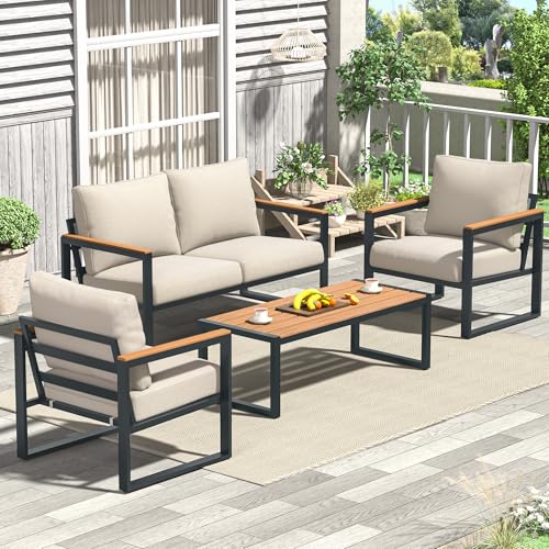 COMLAX FIELD Patio Furniture Set, 4 Pieces Outdoor Patio Furniture with Coffee Table Set
