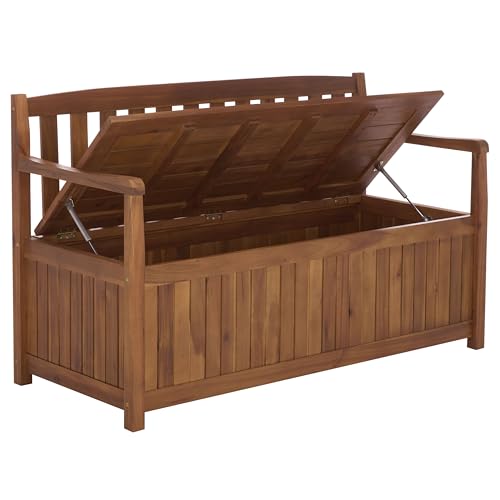 SAFAVIEH Outdoor Patio Furniture Collection – Kelter Solid Teak Wood Bench Box with Storage, Slatted Design