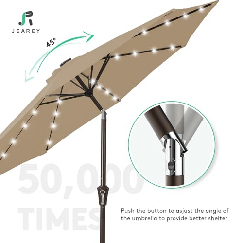 JEAREY 9FT Outdoor Patio Umbrella with Solar Lights, LED Lighted Pool Umbrella with Tilt and Crank, Outdoor Table Umbrellas for Deck, Yard & Market (Beige)