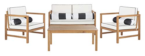 SAFAVIEH Outdoor Collection Montez Natural/ White Cushions/ Striped Bolster Pillows 4-Piece Conversation Patio Set
