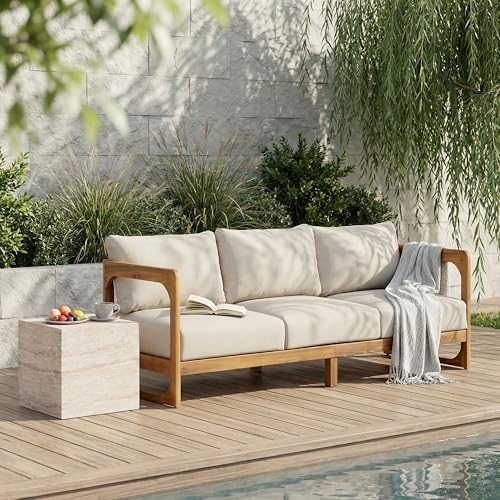 Christopher Knight Home Daria Acacia Wood Outdoor 3 Seater Sofa with Cushion, Solid Wood Patio Sofa with Removable Cushion