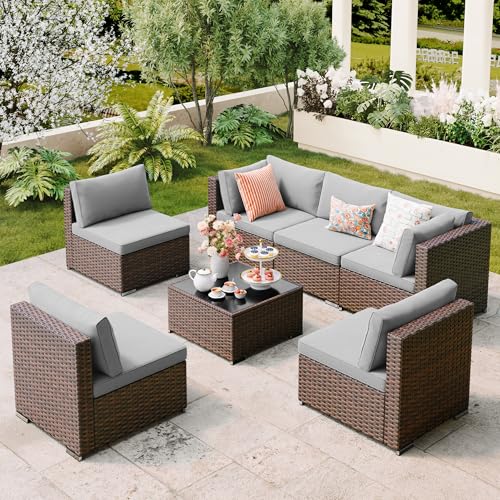 Qsun 7 Pieces Outdoor Patio Furniture Set, PE Rattan Outdoor Wicker Sectional Furniture Sofa Set