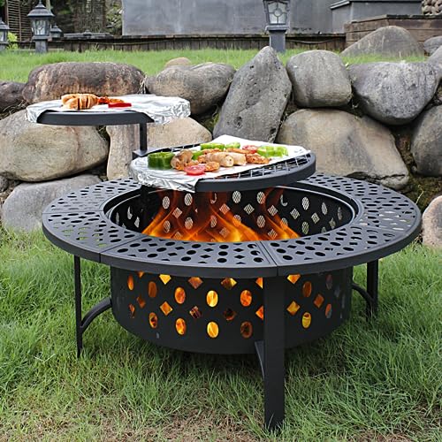 OutVue 42 Inch Fire Pit with 2 Grills, Extra Large Wood Burning Fire Pits for Outside with Lid & Poker, Heavy Duty Firepit