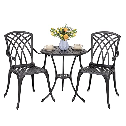 NUU GARDEN Patio Bistro Sets 3 Piece Cast Aluminum Bistro Table and Chairs Set with Umbrella Hole Bistro Set of 2 for Patio B