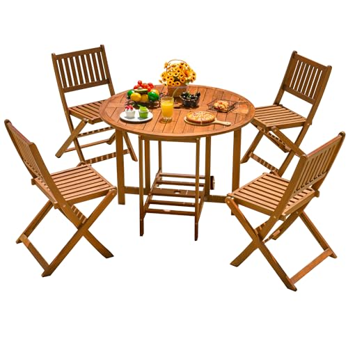 Devoko 5 PCS Patio Furniture, Patio Dining Set Acacia Wood Outdoor Table and Chairs