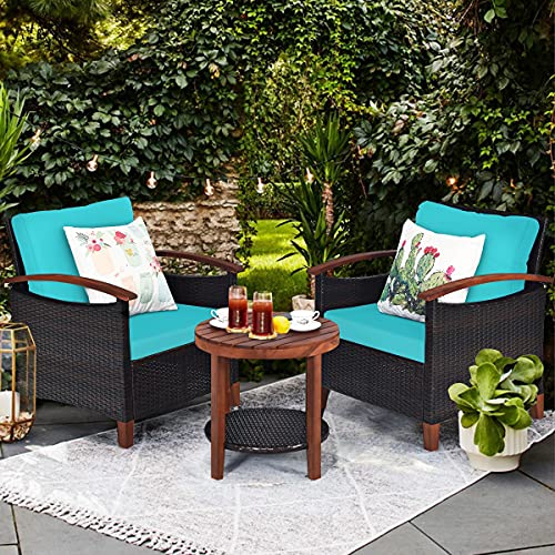 Tangkula 3 Pieces Patio Furniture Set, Outdoor Rattan Sofa and Side Table w/Solid Acacia Wood Frame, High Load Bearing Conversation Bistro Set w/Washable and Removable Cushions (Turquoise)