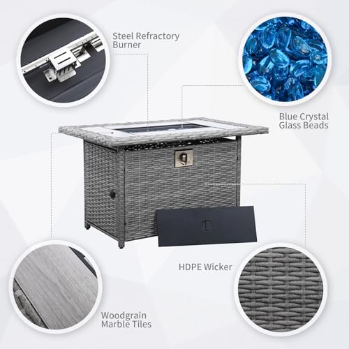60000 BTU Wicker Gas Fire Pit Outdoor Fire Pit Table 45 Inch Fire Pits for Outside with Woodgrain Marble Tabletop Fire Pit Cover and Blue Crystal Beads