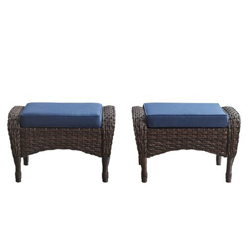 Belord Outdoor Ottomans for Patio Foot Rest - 25 Inch PE Wicker Foot Stool Set of 2 with Removable Cushions for Patio Furnitu