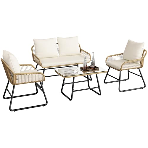 Yaheetech 4 Piece Patio Furniture Set, Outdoor Wicker Conversation Sets, Boho Loveseat & 2 Armchairs with Cushion and Pillow