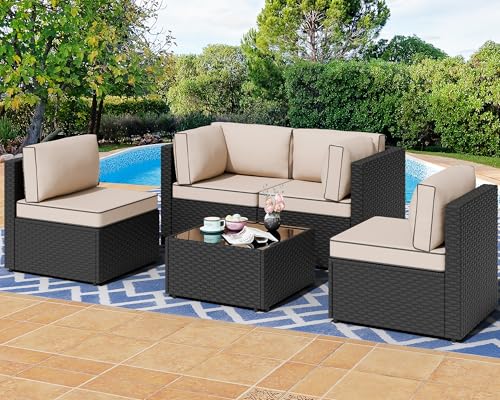 Shintenchi 5 Pieces Outdoor Patio Sectional Sofa Couch, Black PE Wicker Furniture Sets
