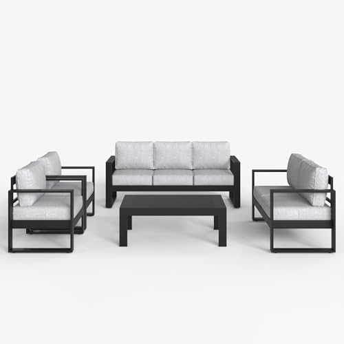 LayinSun 5 Pieces Aluminum Outdoor Patio Furniture Set, Metal Modern Conversation Sofa Set with Coffee Table and Washable Thick Cushions for Porch, Backyard, Deck