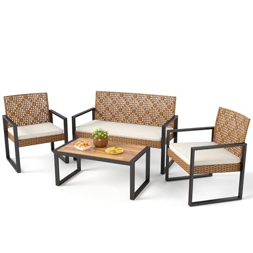 PHI VILLA Wicker Patio Furniture Set for 4, Rattan Loveseat & Chairs with Beige Cushions & Acacia Wood Coffee Table