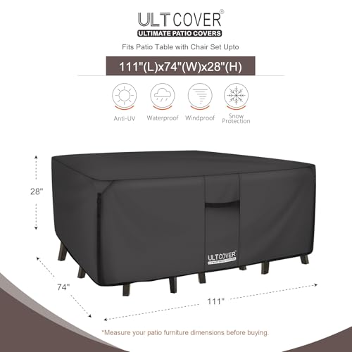ULTCOVER 600D Tough Canvas Heavy Duty Rectangular Patio Table and Chair Cover - Waterproof Outdoor General Purpose Furniture Covers 111 x 74 inch, Black