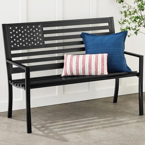 Best Choice Products Outdoor Bench 2-Person Steel Indoor/Outdoor Bench for Garden, Patio, Porch, Entryway w/American Flag
