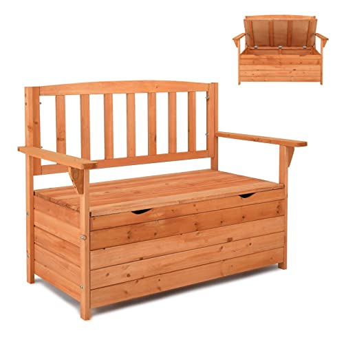 Outvita Outdoor Wood Storage Bench, Wooden Large Deck Box with Seating & Armrest