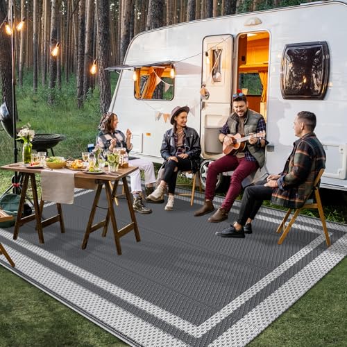 HappyTrends Outdoor Rug Reversible Portable Plastic Straw Camping Rugs for Outside RV,Large Waterproof Outdoor Area Rugs for Patio,Deck,Porch,Balcony(5'x 8',White&Gray)