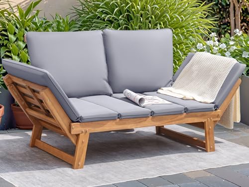 Devoko Outdoor Couch Acacia Wood Patio Couch with Adjustable Armrests