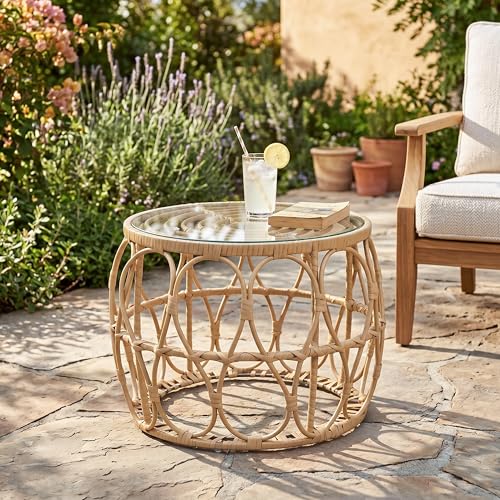 Furniture of America Ysar Boho Rattan Round Coffee Table Outdoor with 5mm Tempered Glass Top