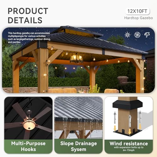 Aoxun 10' x 12' Outdoor Wood Gazebo, Hardtop Gazebo Permanent Wooden Pavilion with Galvanized Steel Double Roof, for Patio, Garden, Deck, Cedar Wood, Natural