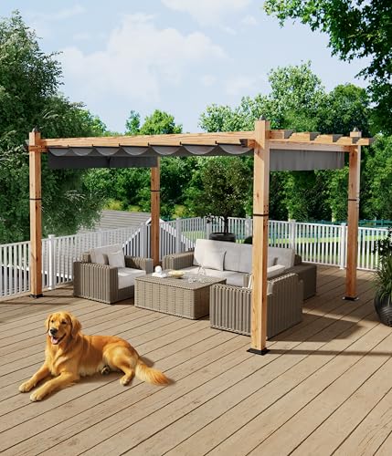 GarveeLife 10 x 13 ft Wood-Grain Outdoor Pergola with Retractable Canopy UV Protection Rust-Resistant Sturdy 4-Side Base for