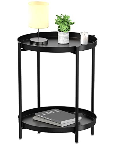 EKNITEY 2 Tier End Table - Metal Side Table Waterproof Small Sofa Coffee Side Tables Bedroom Indoor Outdoor with Removable Tr