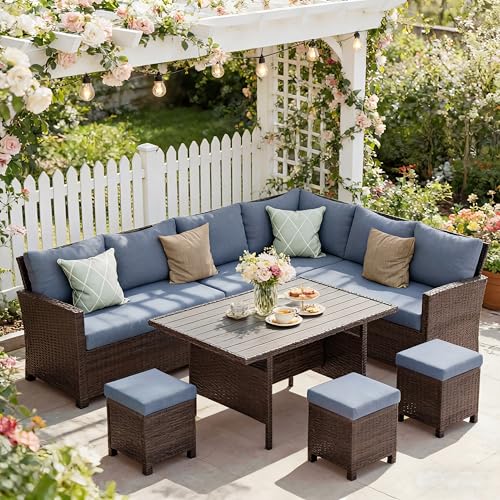 Wisteria Lane 7 Piece Patio Furniture Set, High Curved Back Wicker Patio Sectional, All Weather Outdoor Dining Set
