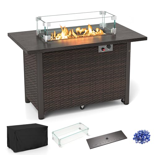 Tangkula Outdoor Propane Fire Pit Table, 42 Inch Rectangular Rattan Fire Table with Wind Guard & Glass Rocks, 50