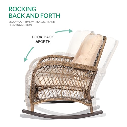 VIVIJASON Outdoor Wicker Rocking Chair, Patio Rattan Rocker Chair with Cushions & Steel Frame, All-Weather Rocking Lawn Wicker Furniture for Garden Backyard Porch (Beige)