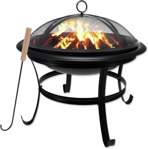Gas One 22 in Outdoor– Wood Burning Fire Pit with Mesh Lid and Fire Picker – Durable Alloy Steel Fire Pits for Outside – Smal
