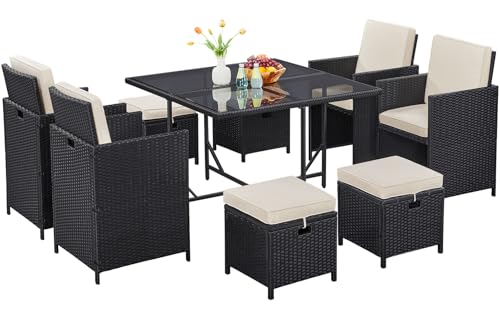 Yaheetech 9-Piece Patio Dining Sets, Outdoor Space Saving Rattan Chairs with Glass Table