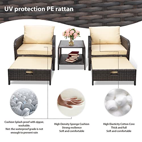 LEVELEVE Balcony Furniture 5 Piece Patio Conversation Set, PE Wicker Rattan Outdoor Lounge Chairs with Soft Cushions 2 Ottoman&Glass Table for Porch, Lawn-Brown Wicker