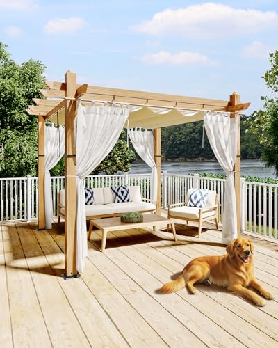 KYBOLT 10x10 Ft Outdoor Pergola with Retractable Canopy Metal Gazebo Imitation Wood-Grain Column with Side Mesh Screen Modern