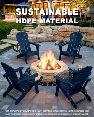 Adirondack Chair Set of 4, HDPE Folding Adirondack Chair with Multifunctional Cup Holder, Weather Resistant Fire Pit Chair for porches, patios, poolsides, Decks.