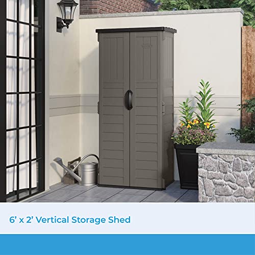 Suncast 22 Cubic Ft. Vertical Resin Outdoor Storage Shed with Lockable Double Doors, Weather-Resistant Multi-Wall Panels, Stoney
