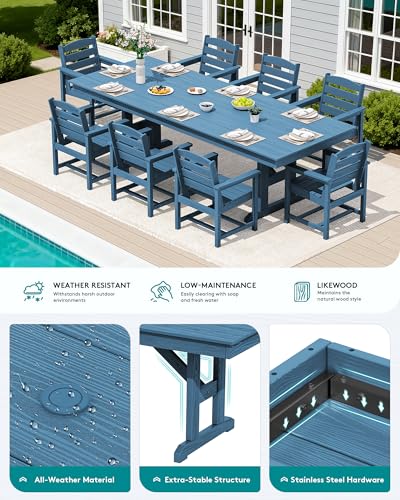 SERWALL 9 Piece Outdoor Dining Set, 84" HDPE Outdoor Table and Chairs for 8,All Weather Patio Furniture Set with Umbrella Hole for Backyard, Garden, Blue