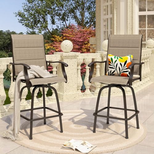 PHI VILLA Outdoor Swivel Bar Stools Set of 2, High Top Patio Chairs with Padded Textilene Seating, All-Weather Bar Height Furniture for Kitchen or Outside, Padded Brown Textilene