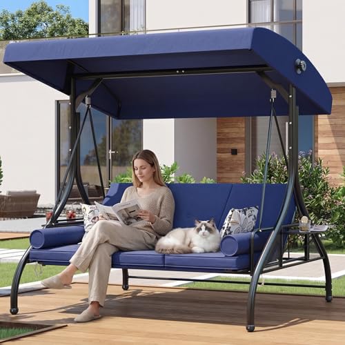 Aoxun Outdoor Porch Swing with Stand and Canopy, 3 Seats Outdoor Swings for Adults