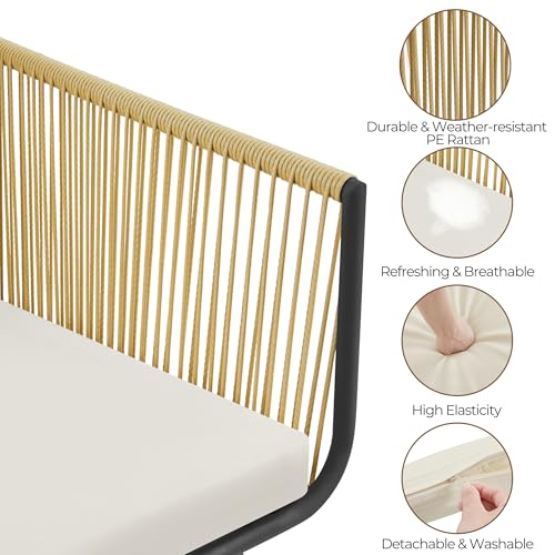 Yaheetech 3 Piece Patio Rattan Bistro Set, Outdoor All Weather PE Wicker Conversation Furniture Set with 2 Chairs & Tempered Glass Top Table & Cushions, for Poolside/Porch/Garden/Yard, Tan/Cream