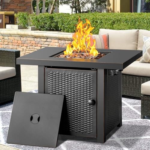 OutVue 32 Inch Propane Fire Pit Table, Outdoor Gas Fire Pits with 2 Drink Holders, Lid & Lava Rock