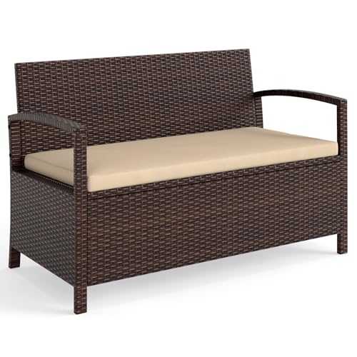 Tangkula 42 Gallon Outdoor Bench with Storage, Outdoor PE Rattan Storage Bench with Cushion, Backrest & Acacia Wood Armrests