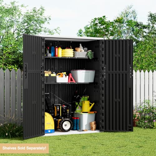 KINYING Outdoor Vertical Storage Shed,57 Cu.ft Outdoor Storage Cabinet Waterproof,Resin Sheds & Outdoor Storage Clearance for Garden,Patio,Backyard,Lockable (Black)